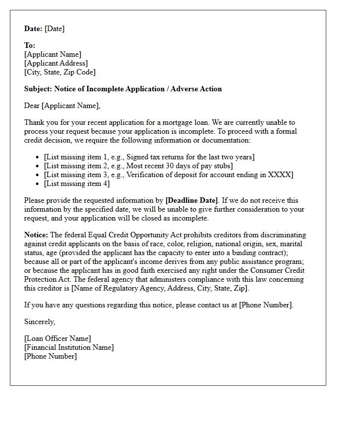 Notice of Incomplete Mortgage Application Adverse Action Letter