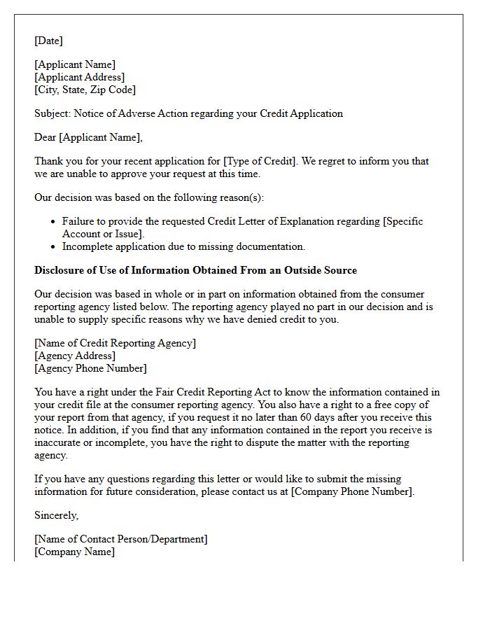 Adverse Action Letter for Failure to Provide Credit Letter of Explanation