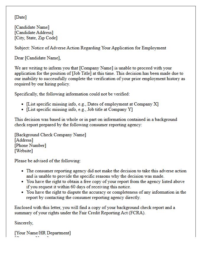 Adverse Action Letter for Incomplete Employment Verification
