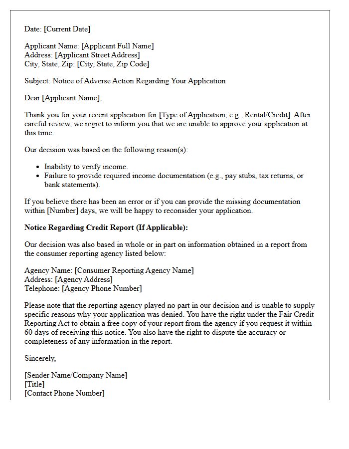 Adverse Action Letter for Missing Income Verification