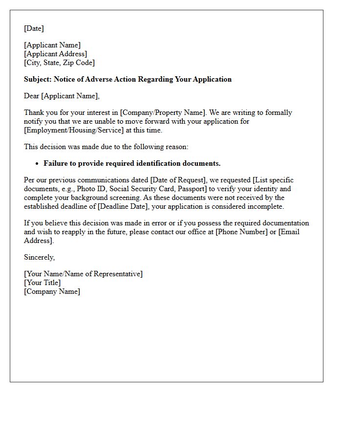 Adverse Action Letter for Unsupplied Identification Documents