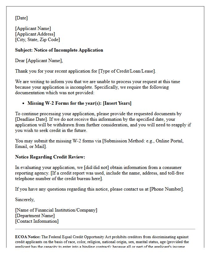 Incomplete Application Adverse Action Letter for Missing W-2 Forms
