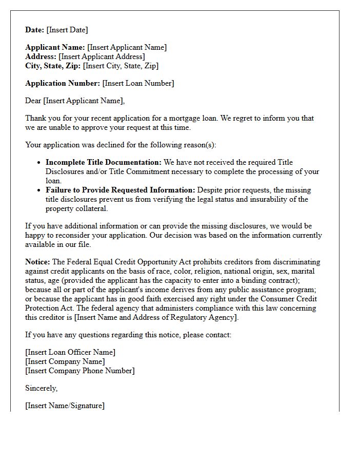 Mortgage Adverse Action Letter for Missing Title Disclosures