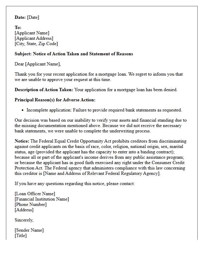 Mortgage Denial Adverse Action Letter for Unprovided Bank Statements