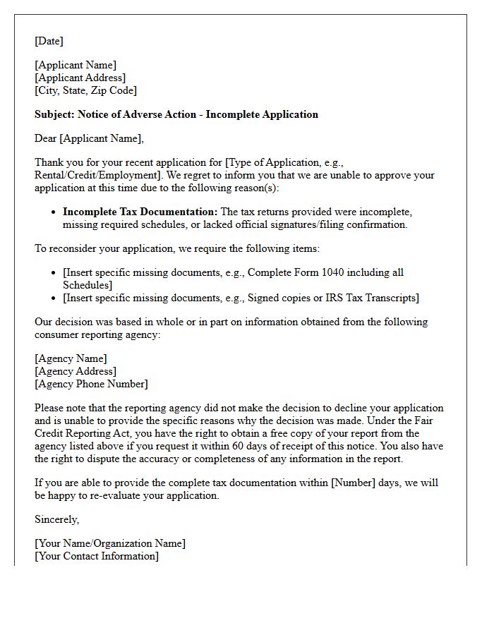 Notice of Adverse Action Letter for Incomplete Tax Returns