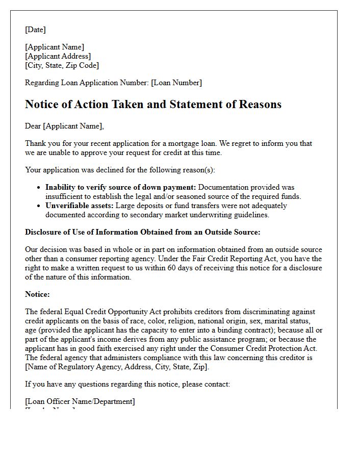 Unprovided Down Payment Sourcing Adverse Action Letter