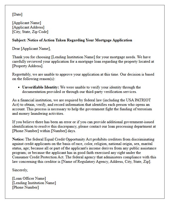 Mortgage Application Denial Letter Due to Unverifiable Identity