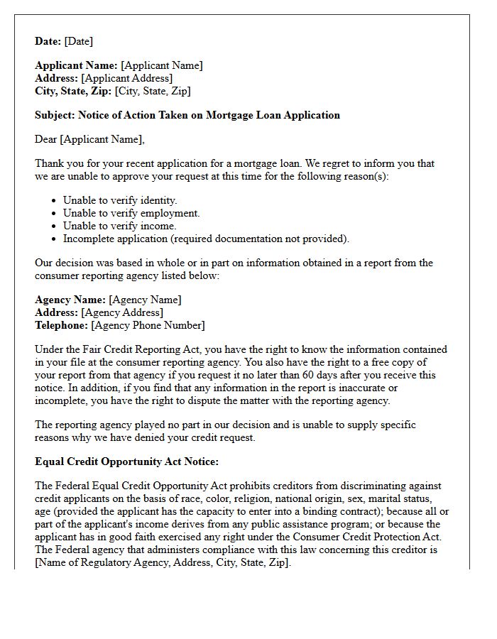 Mortgage Lending Adverse Action Letter for Unverified Applicant