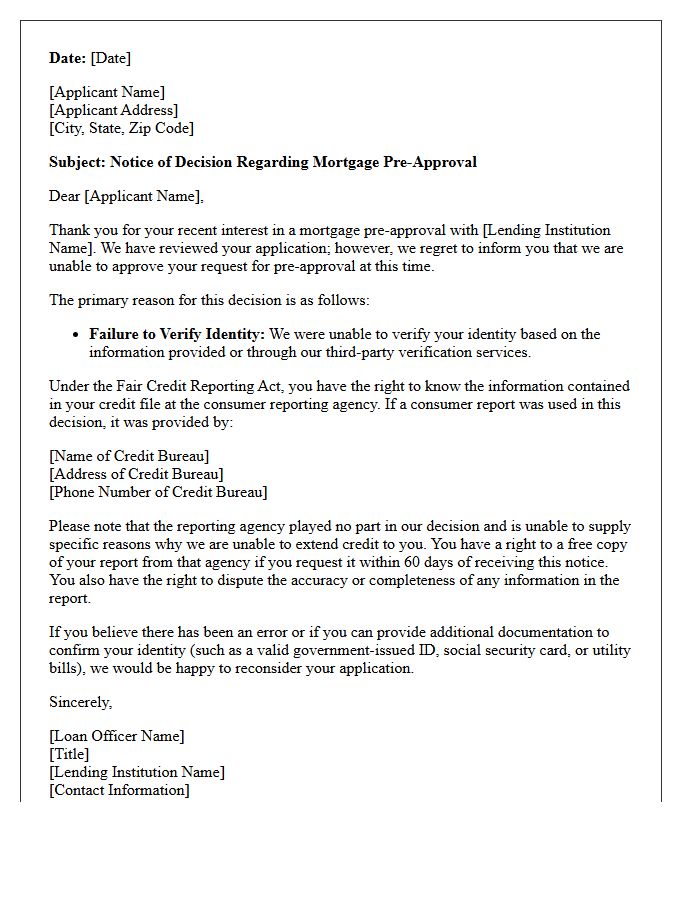 Mortgage Pre-Approval Denial Letter for Identity Verification Failure