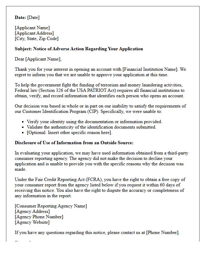 Patriot Act Identity Verification Adverse Action Letter