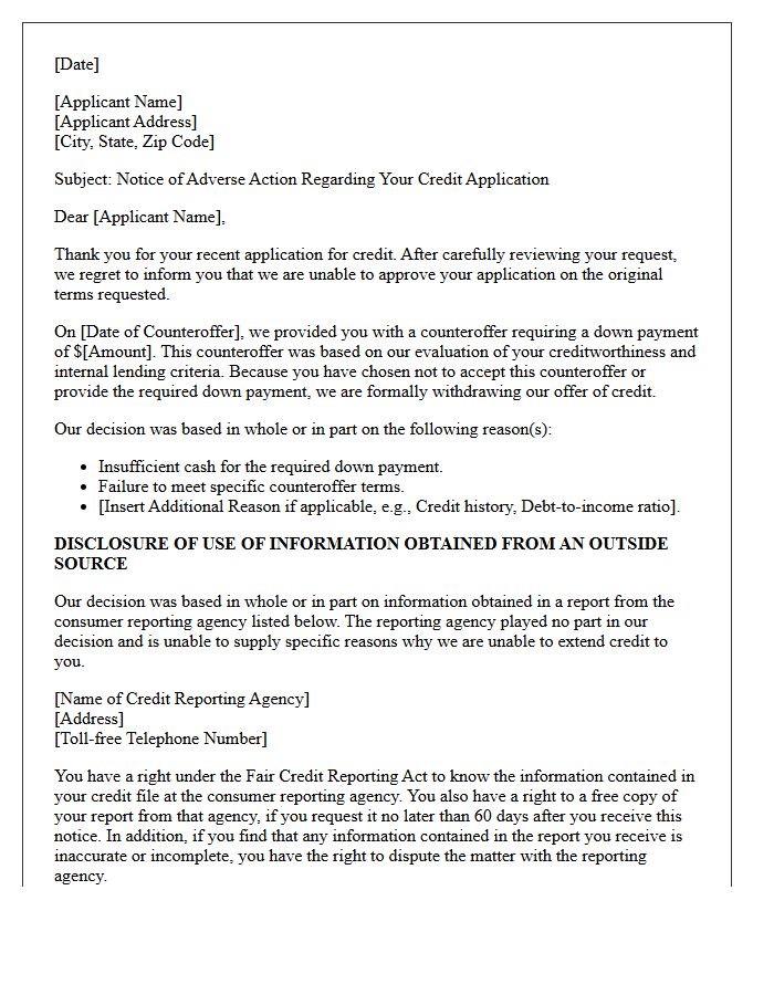 Adverse Action Letter for Unaccepted Down Payment Counteroffer
