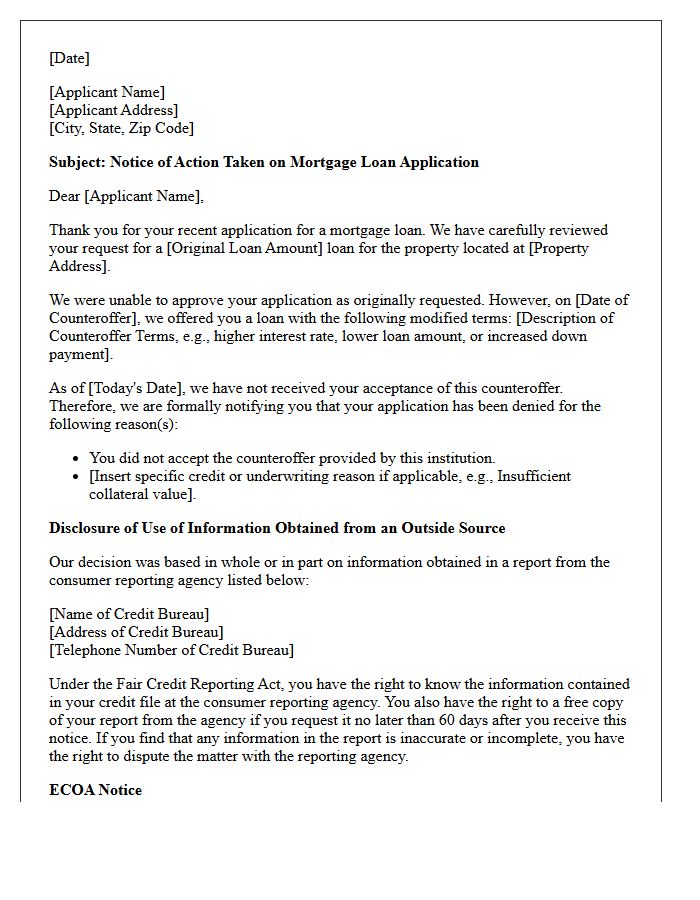 Compliance Adverse Action Letter for Unaccepted Mortgage Counteroffer
