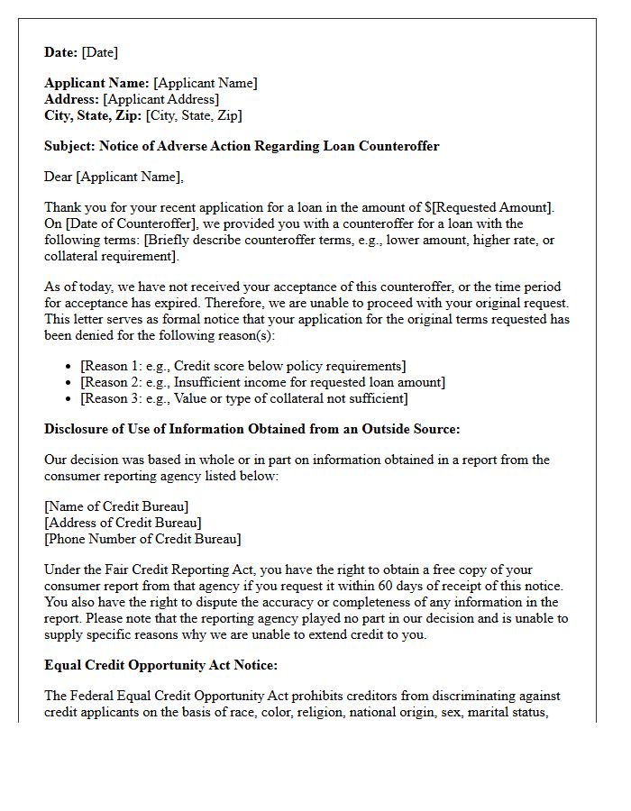 Standard Adverse Action Letter for Unaccepted Loan Counteroffer
