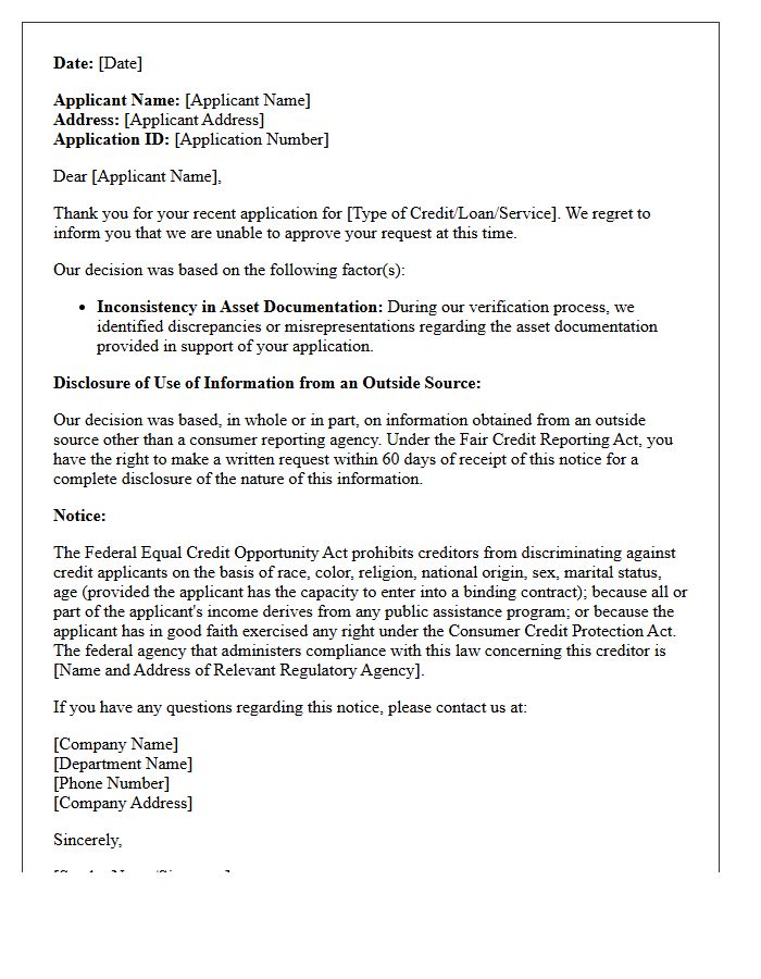 Adverse Action Letter for Asset Documentation Misrepresentation