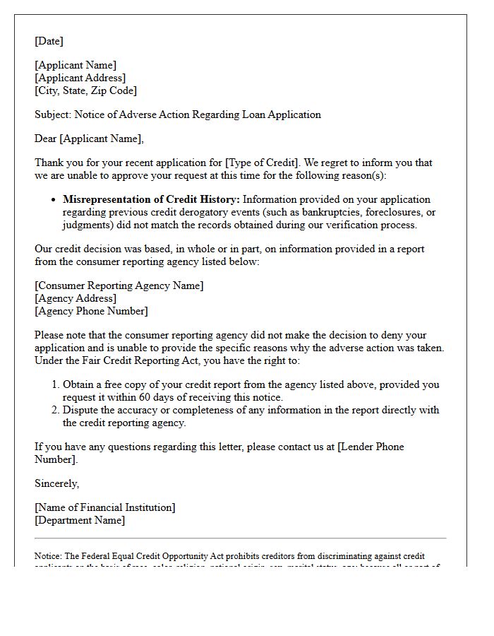 Adverse Action Letter for Credit Derogatory Event Misrepresentation