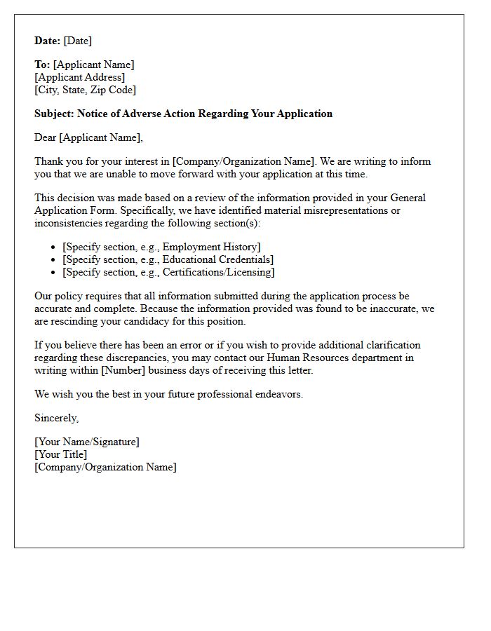 Adverse Action Letter for General Application Form Misrepresentation