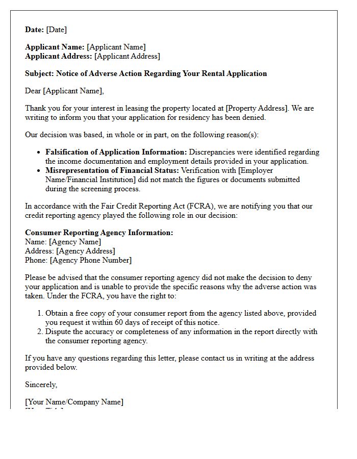 Adverse Action Letter for Income Falsification Misrepresentation