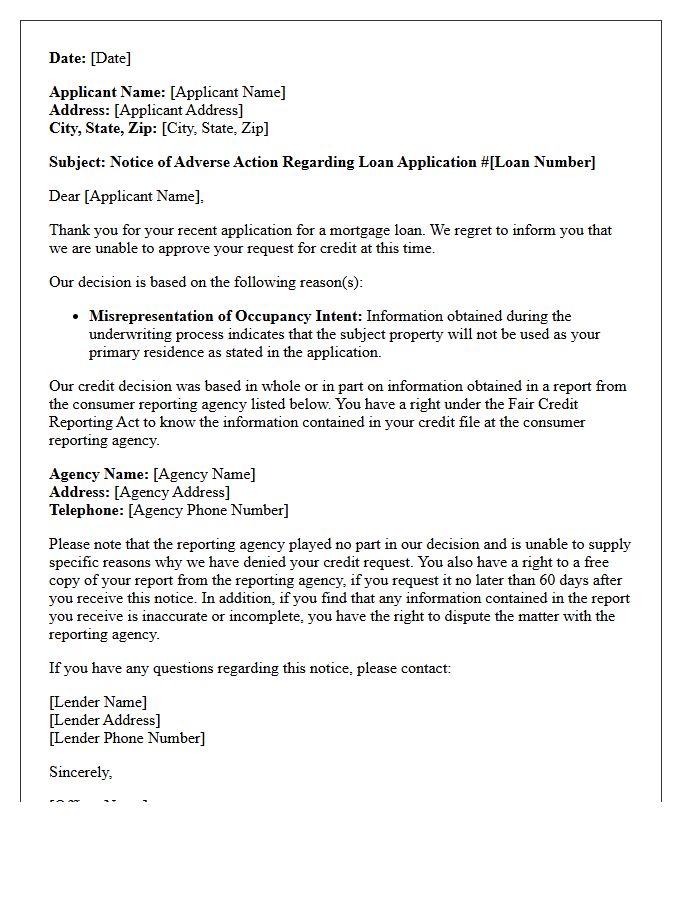 Adverse Action Letter for Occupancy Intent Misrepresentation