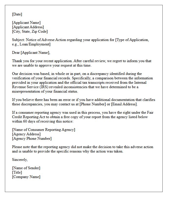 Adverse Action Letter for Tax Transcript Discrepancy Misrepresentation