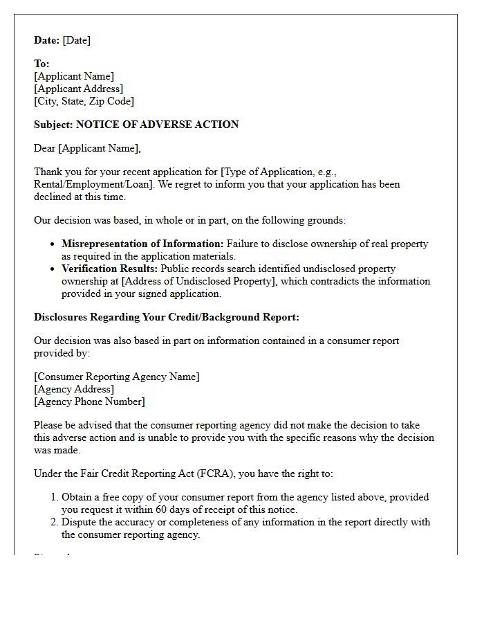 Adverse Action Letter for Undisclosed Property Ownership Misrepresentation