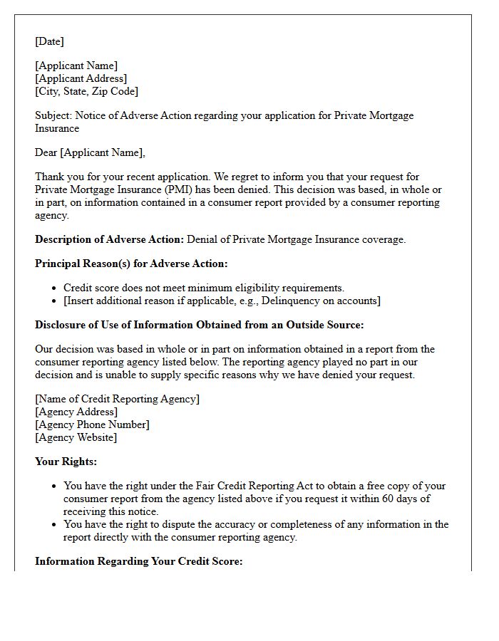 Credit Score Deficient Adverse Action Letter for Private Mortgage Insurance Denial