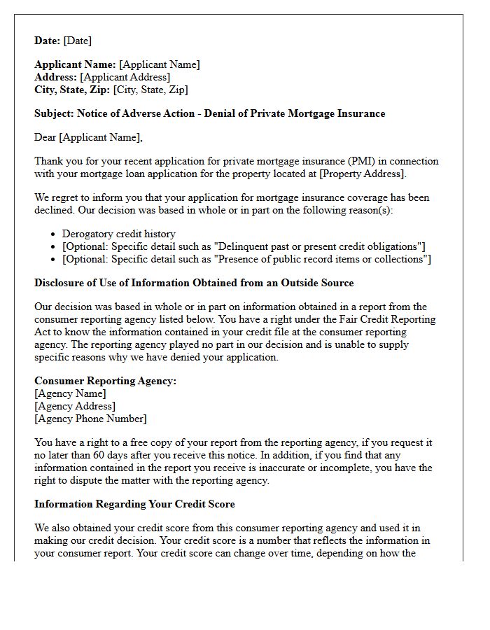 Derogatory Credit History Adverse Action Letter for Private Mortgage Insurance Denial