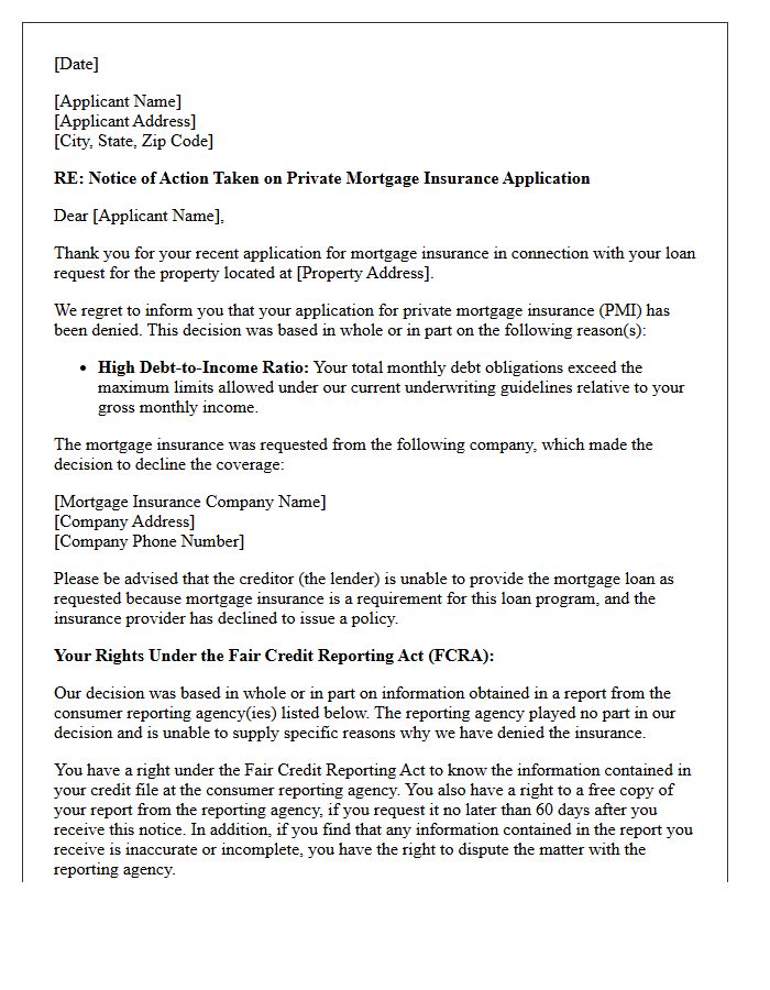 High Debt-to-Income Ratio Adverse Action Letter for Private Mortgage Insurance Denial