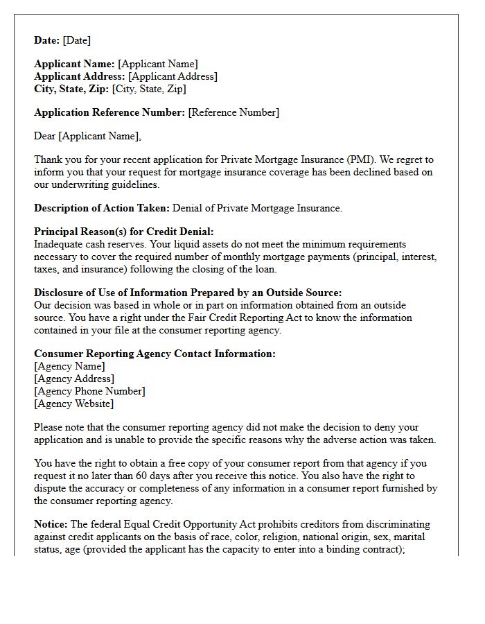 Inadequate Cash Reserves Adverse Action Letter for Private Mortgage Insurance Denial