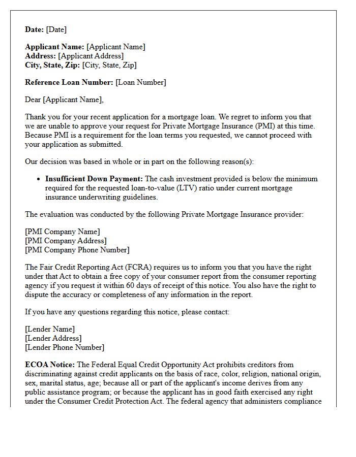 Insufficient Down Payment Adverse Action Letter for Private Mortgage Insurance Denial