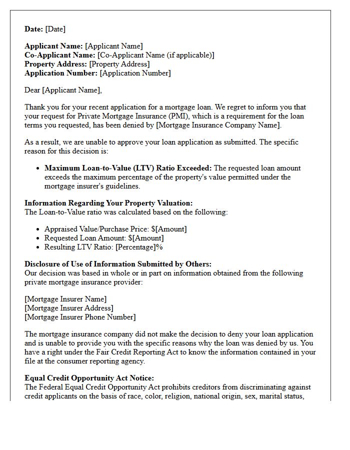 Maximum Loan-to-Value Exceeded Adverse Action Letter for Private Mortgage Insurance Denial