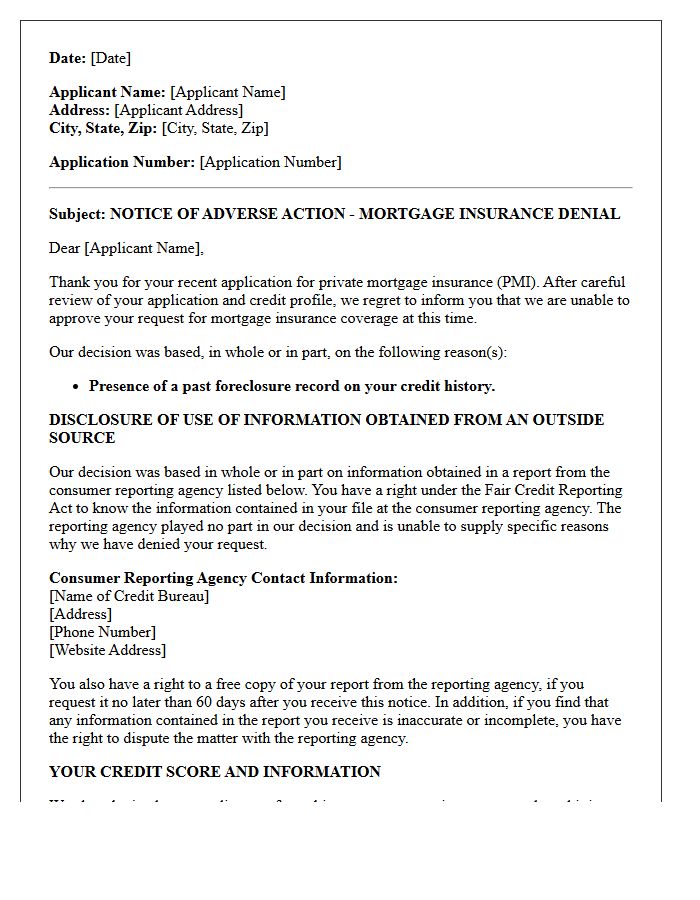 Past Foreclosure Record Adverse Action Letter for Private Mortgage Insurance Denial