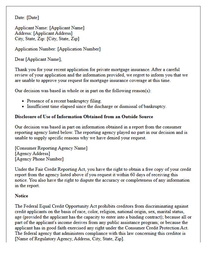 Recent Bankruptcy Adverse Action Letter for Private Mortgage Insurance Denial