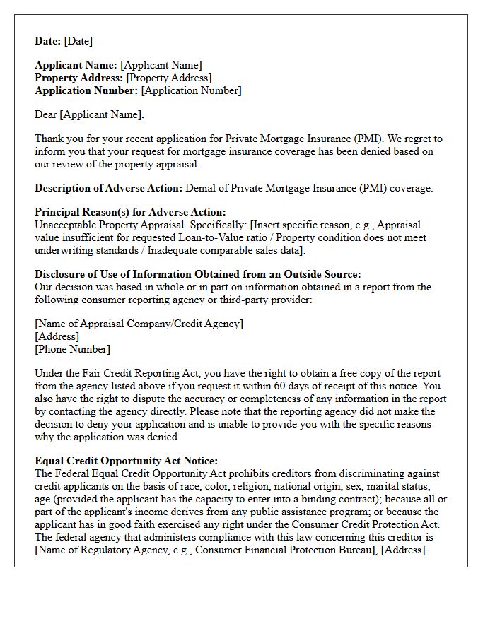 Unacceptable Property Appraisal Adverse Action Letter for Private Mortgage Insurance Denial