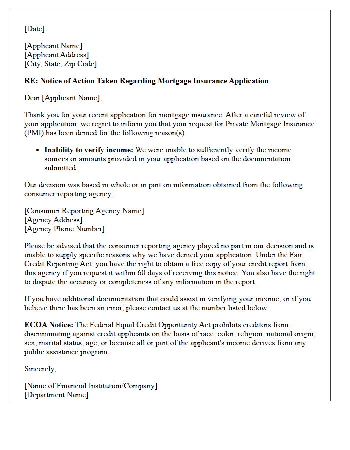 Unverified Income Adverse Action Letter for Private Mortgage Insurance Denial