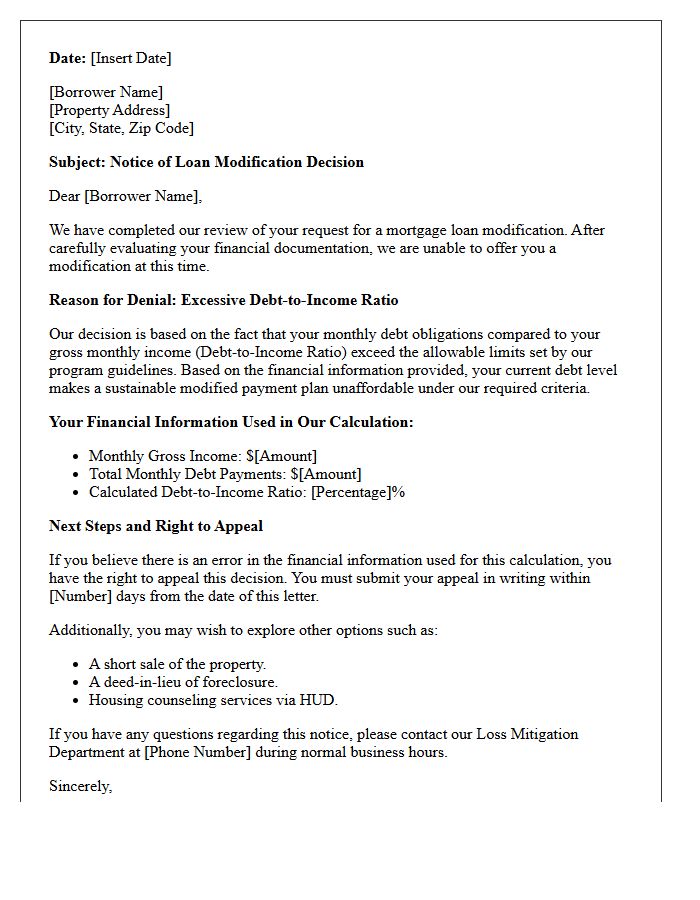 Excessive Debt-to-Income Ratio Modification Denial Letter