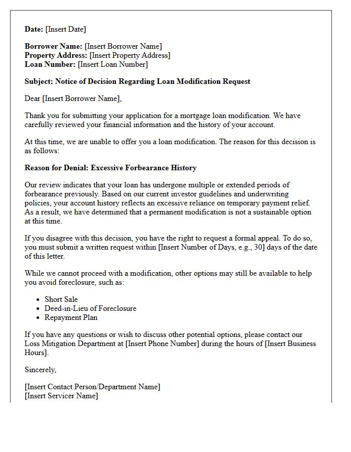 Excessive Forbearance History Modification Denial Letter