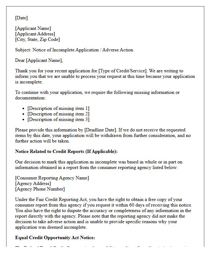 Incomplete Application Adverse Action Modification Letter