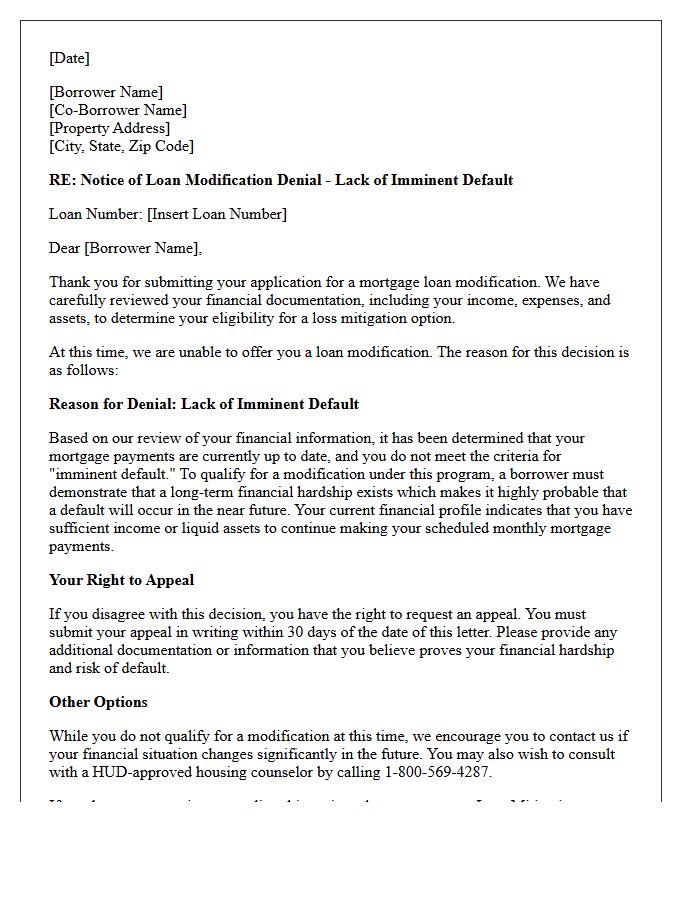 Lack of Imminent Default Modification Denial Letter
