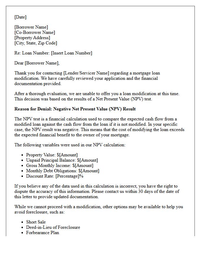 Negative Net Present Value Mortgage Modification Denial Letter