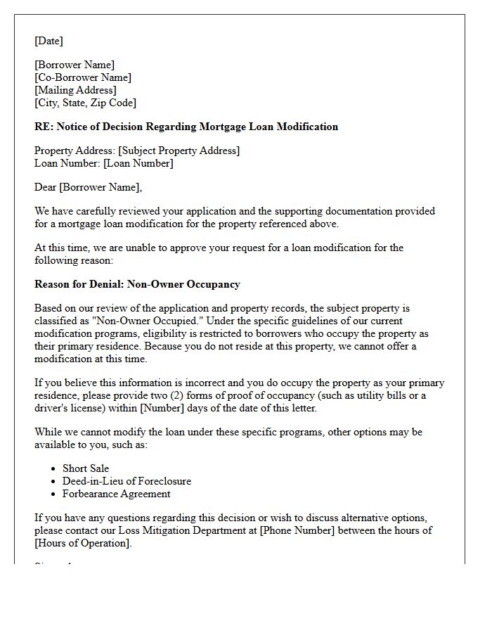 Non-Owner Occupied Property Modification Denial Letter