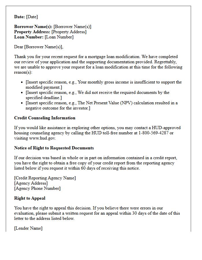 Standard Mortgage Loan Modification Adverse Action Letter