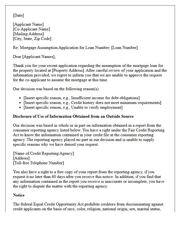Adverse Action Letter for Co-Applicant Mortgage Assumption Denial