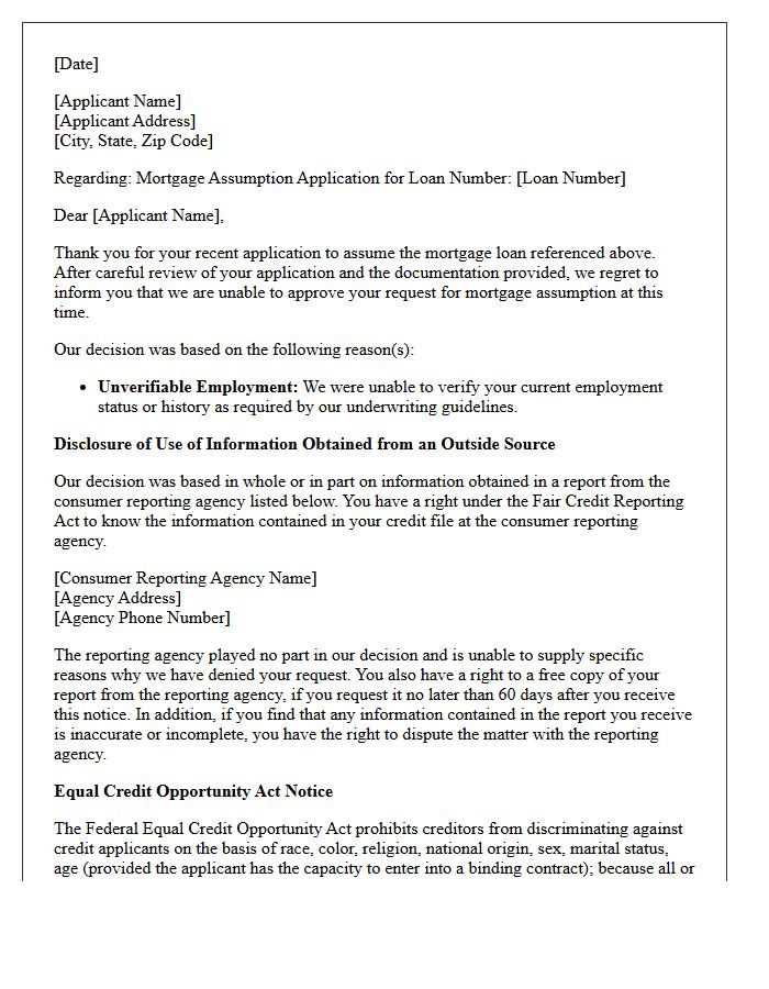 Adverse Action Letter for Mortgage Assumption Denial Based on Unverifiable Employment