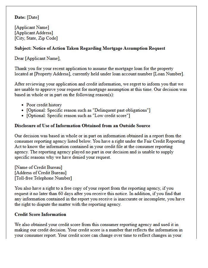 Adverse Action Letter for Mortgage Assumption Denial Due to Poor Credit History