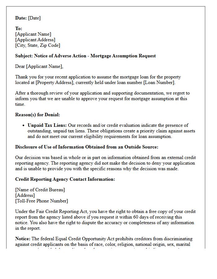 Adverse Action Letter for Mortgage Assumption Denial Due to Unpaid Tax Liens