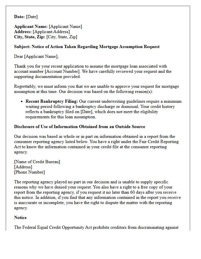 Adverse Action Letter for Mortgage Assumption Denial Regarding Recent Bankruptcy