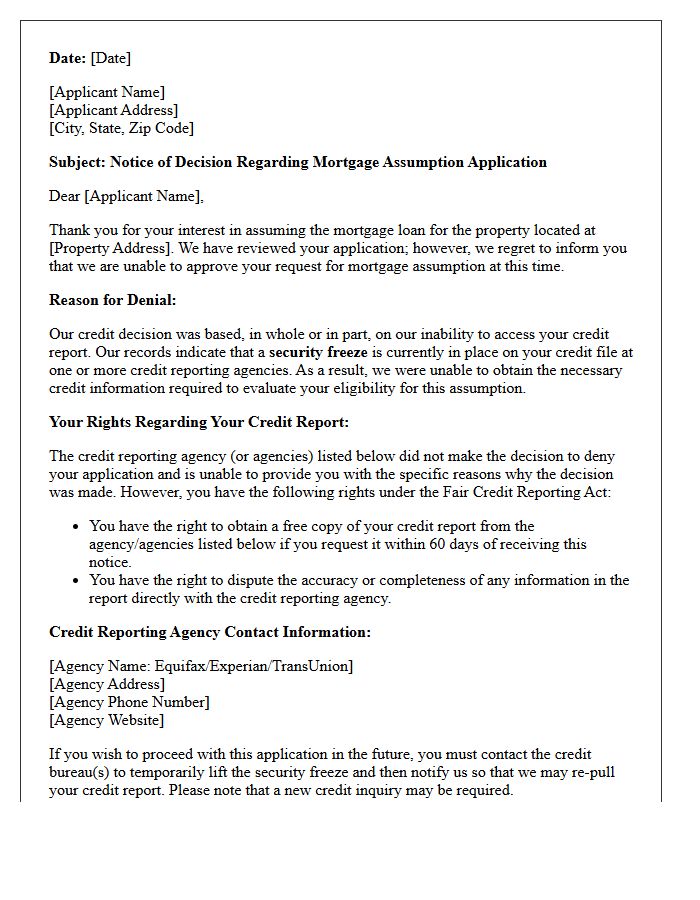 Credit Freeze Adverse Action Letter for Mortgage Assumption Denial