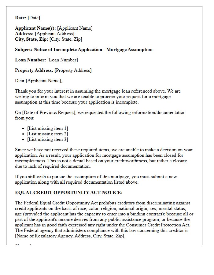 Incomplete Application Adverse Action Letter for Mortgage Assumption Processing