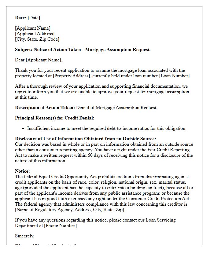 Insufficient Income Adverse Action Letter for Mortgage Assumption Rejection