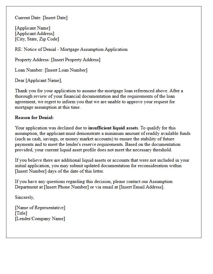 Mortgage Assumption Denial Letter Due to Insufficient Liquid Assets
